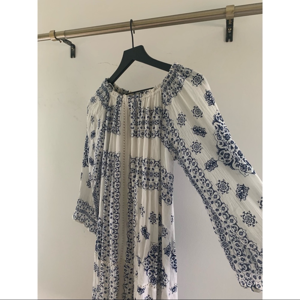 Blue and white off the shoulder dress